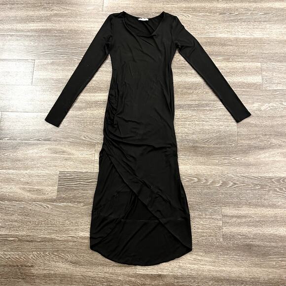 NWOT Marcella NYC Black Long Sleeve Ruched Tulip Hem Midi Dress M Tencel Bodycon - Picture 2 of 15